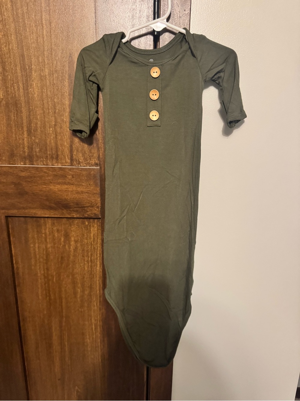 Caden Lane Olive Green Long Sleeve Knotted Gown with Wood Buttons